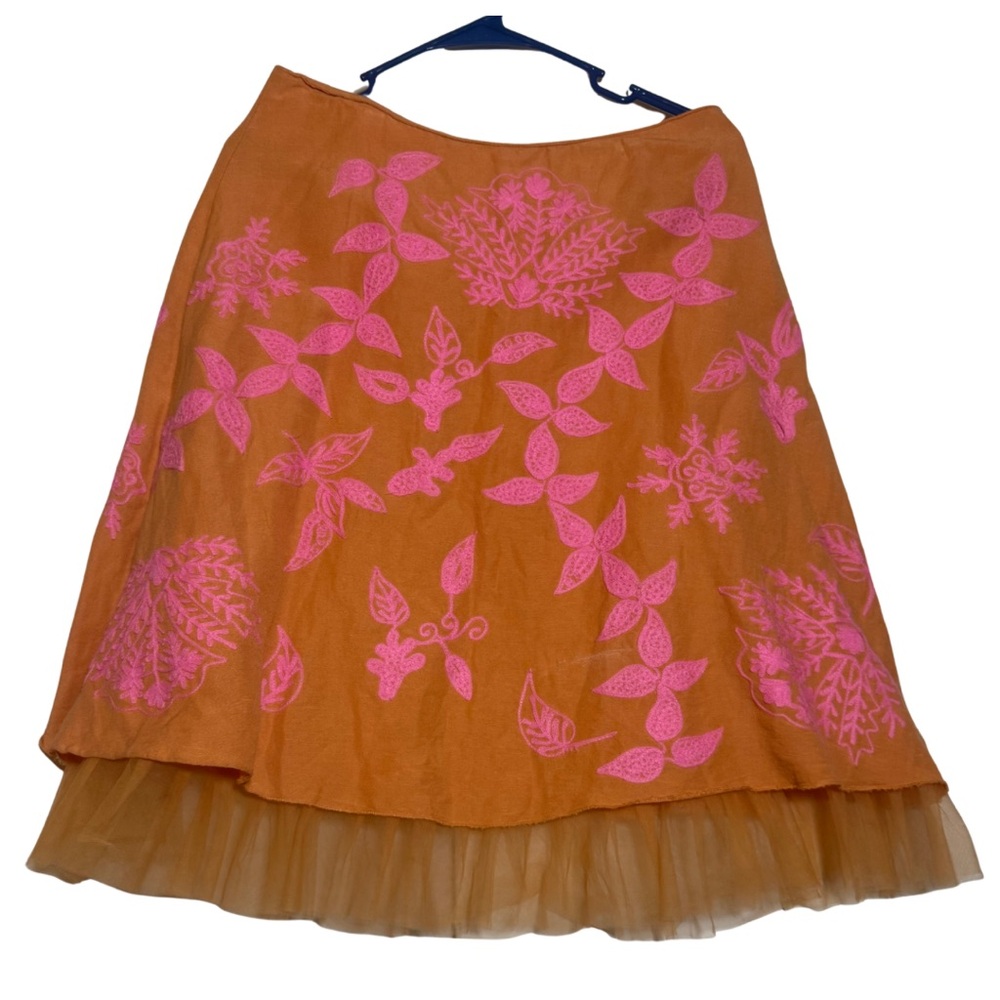 Vintage Y2K Live a Little Orange Linen Blend Pink Floral Embroidered Boho Skirt